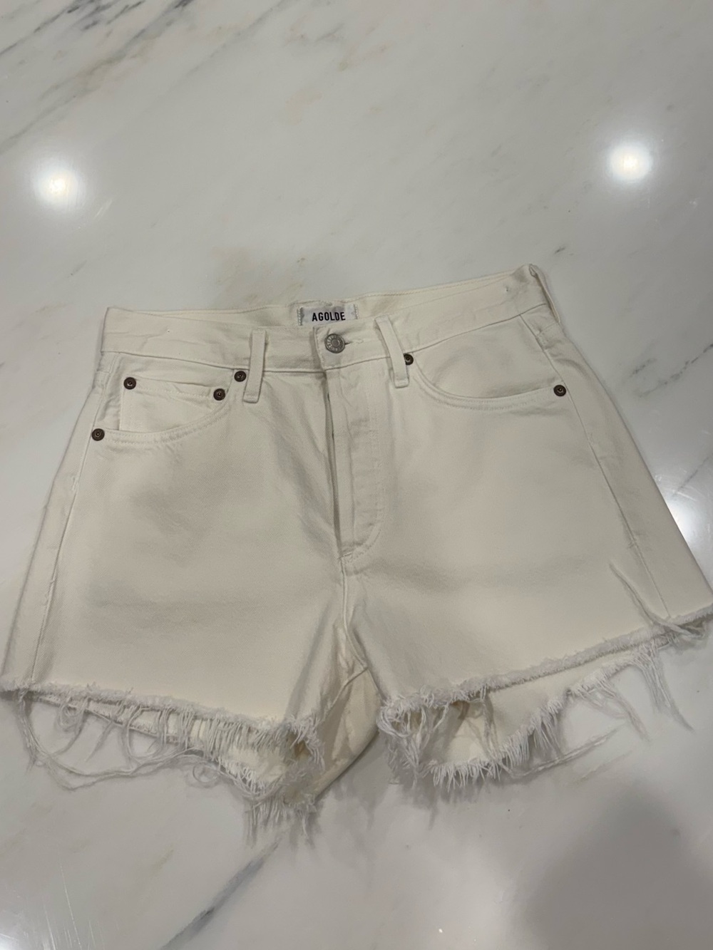 Agolde Cream Frayed Hem Denim Shorts